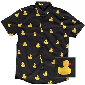 Kids Black Short-Sleeve Button-Down Shirt with Yellow Duck Print